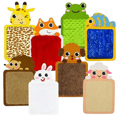 مجموعة وسائد حسية متنوعة بملامس مختلفة وأشكال حيوانات مخصصة للتنظيم الحسي وتحفيز اللمس لدى الأطفال